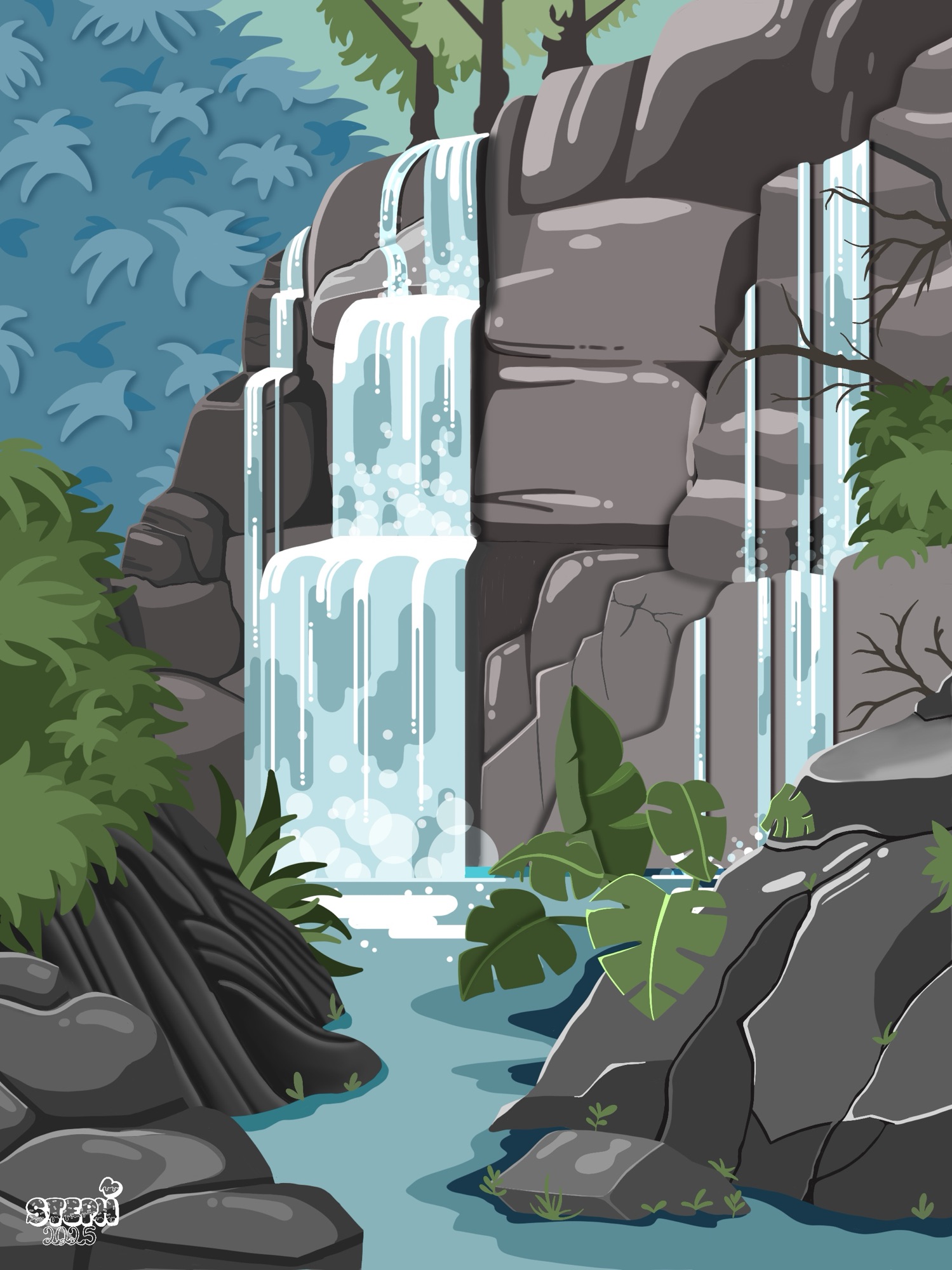 A kawaii style waterfall scene with a rockpool